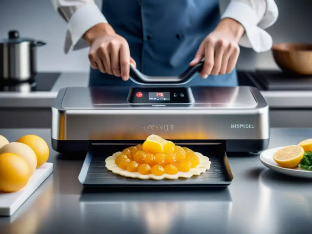 Detalles profesionales de técnicas postres franceses al vacío en cocina moderna