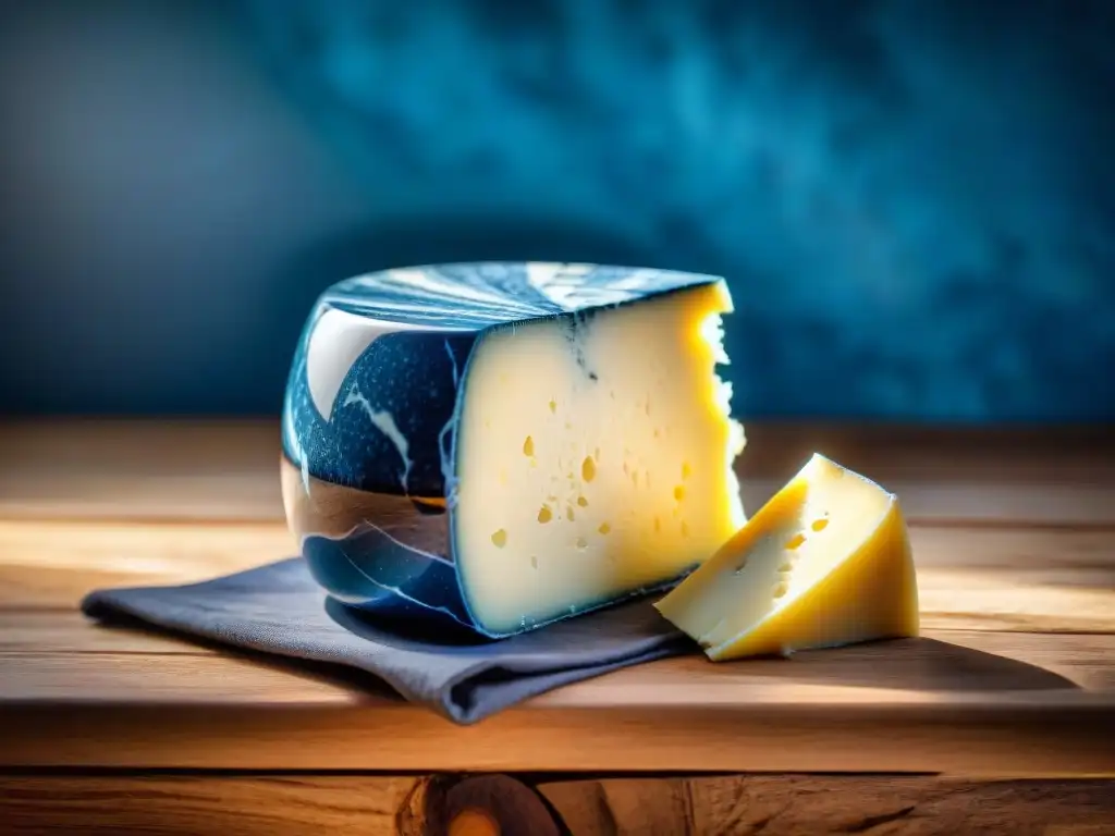 Detalles del queso francoitaliano innovador con venas azules y textura cremosa en un entorno rústico