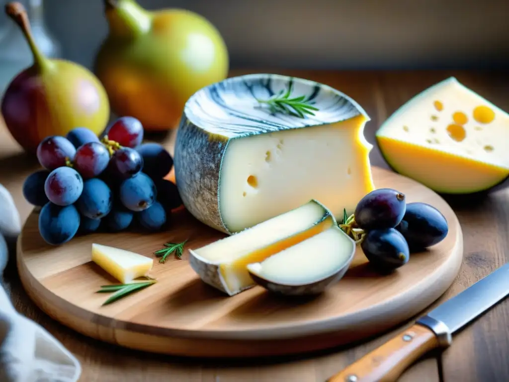 Detalles del queso francés Picodon artesanal: maravilloso y exquisito bodegón de quesos, frutas frescas y miel en una tabla rústica