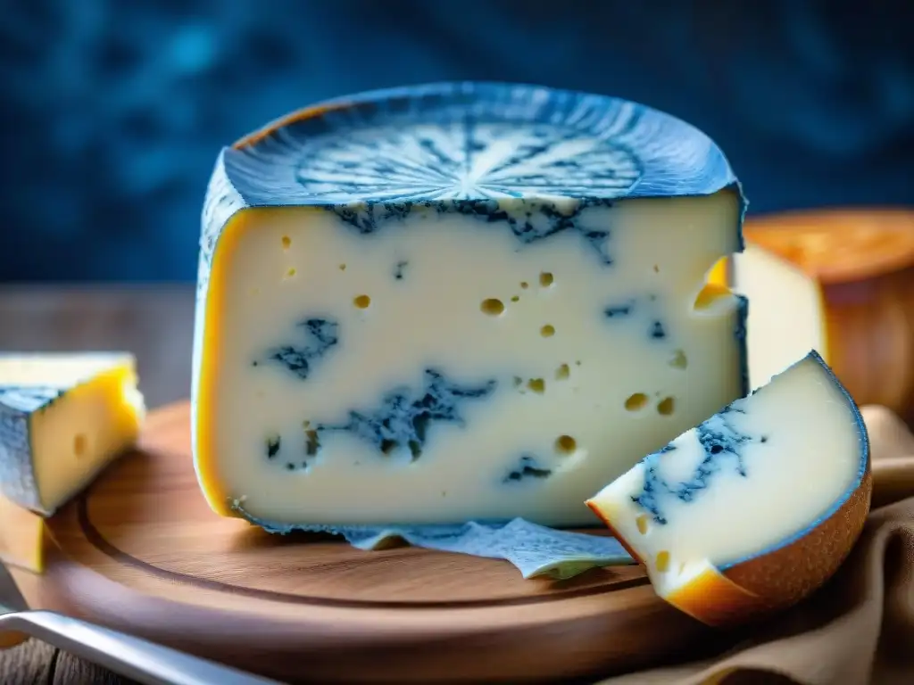 Detalles del queso Bleu d'Auvergne, resaltando su sabor intenso y características únicas