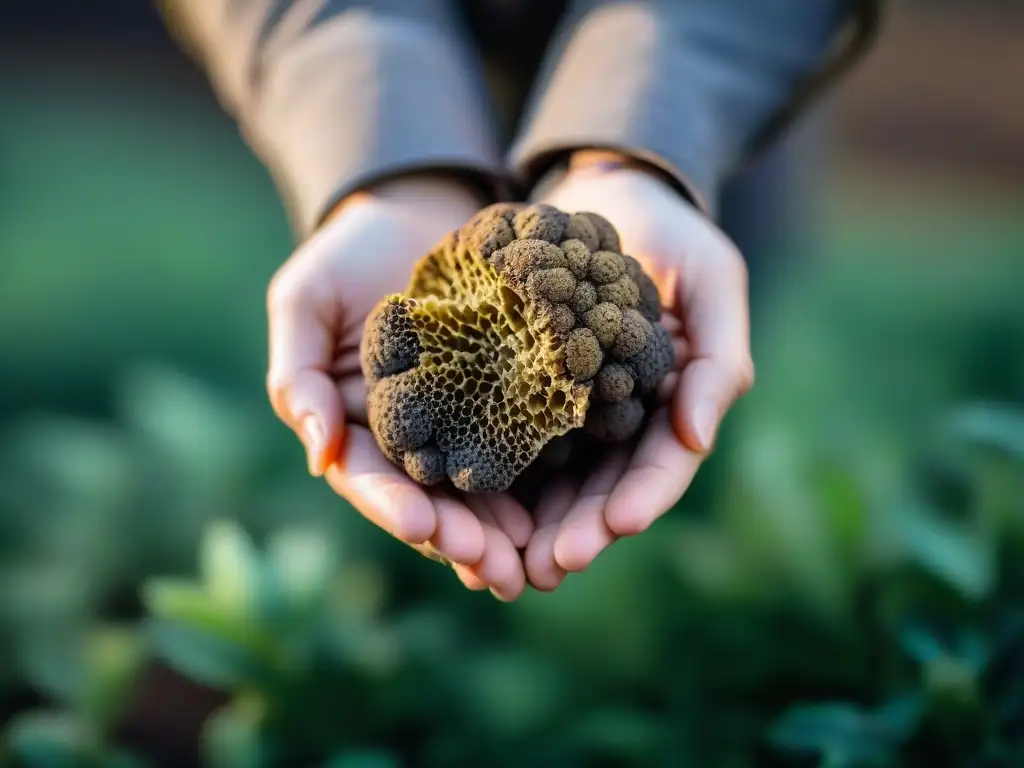 Detalles de trufa negra recién cosechada, forma irregular, textura terrosa, maridaje vinos franceses trufas