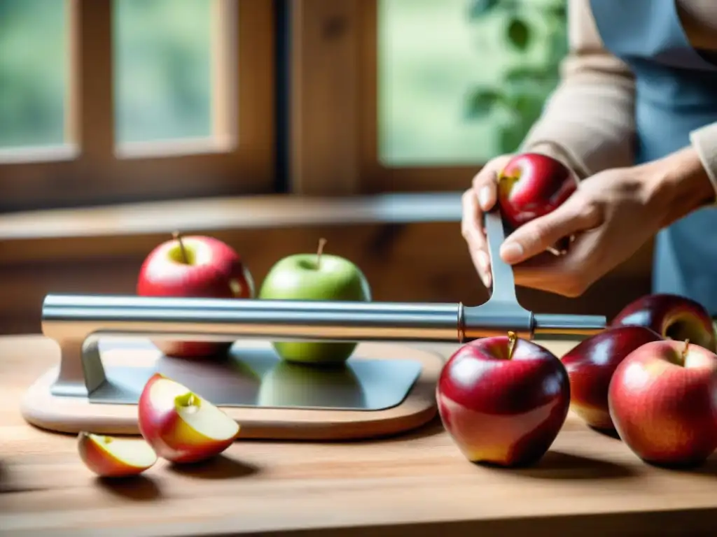 Detalles de utensilios para tarta Tatin con manzanas frescas en mesa rústica