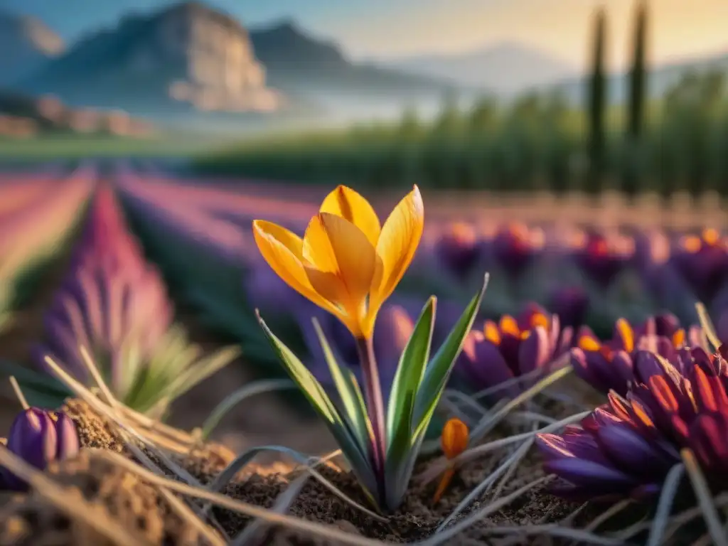 Detalles vibrantes de un azafrán floreciendo en un campo soleado en Provence, Francia