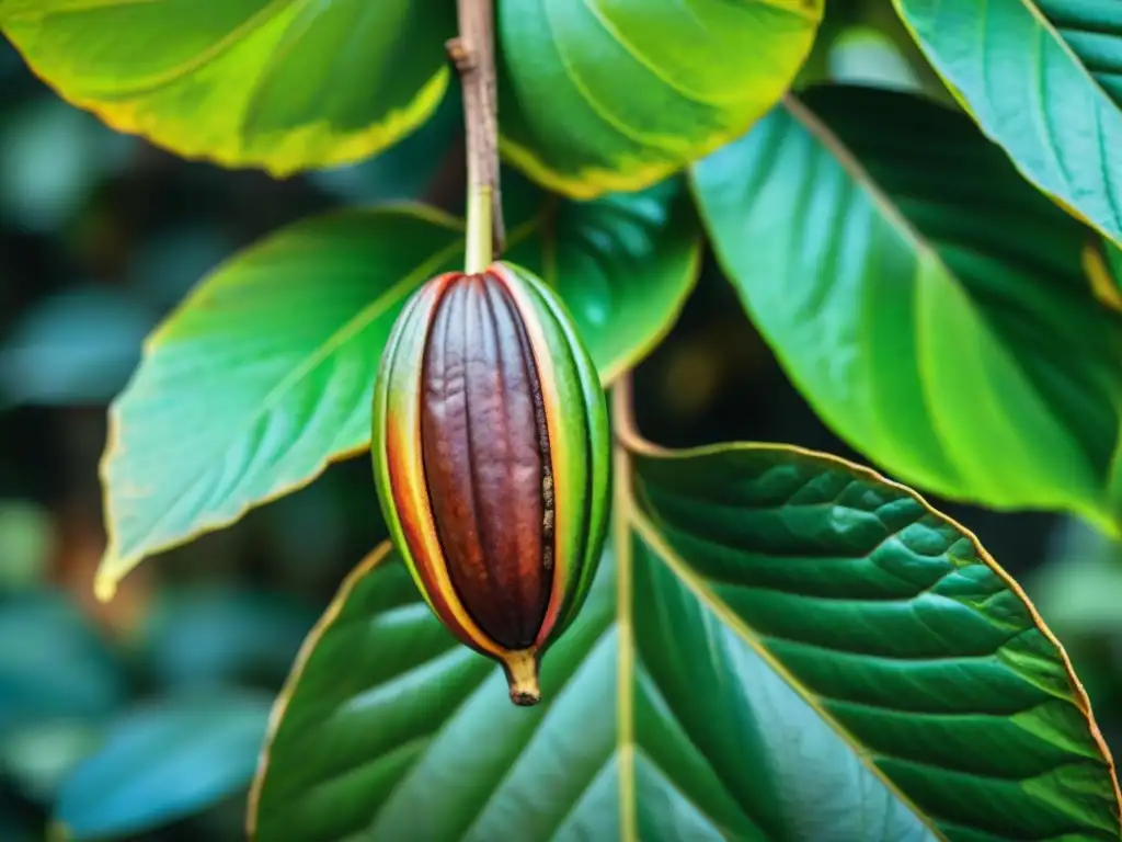 Detalles vibrantes de un cacao madurando en una plantación en Martinica