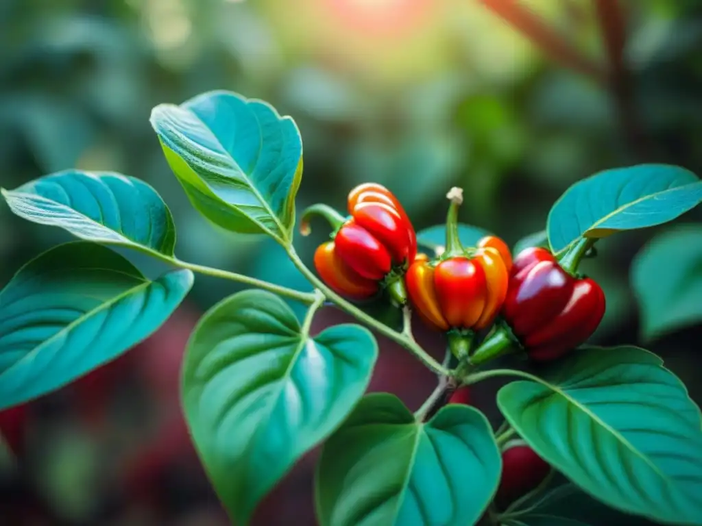 Detalles vibrantes de una Pimienta de Espelette en plena floración, resaltando su belleza natural