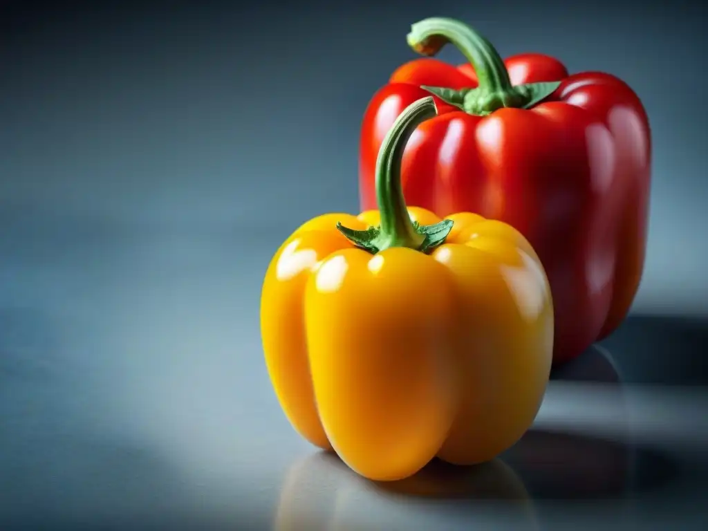 Detalles vibrantes de un pimiento rojo y un tomate amarillo, colores vivos en recetas francesas