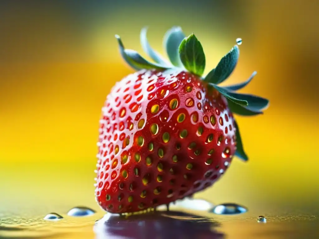 Detalles vibrantes: fresa roja madura y limón amarillo con gotas de agua