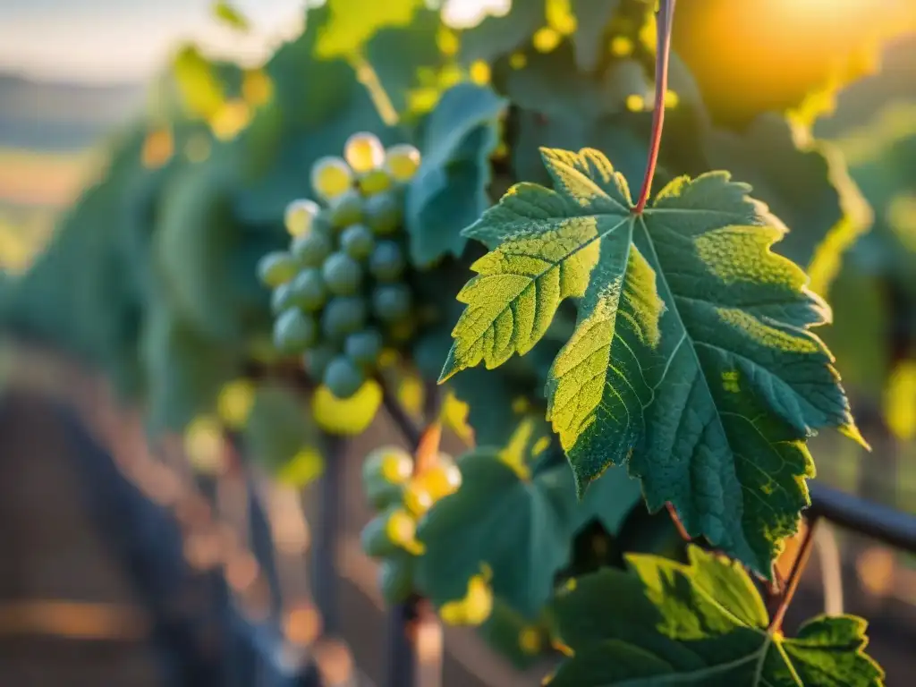 Detalles de rocío en viñedo de champagne al amanecer, resaltando la belleza natural y cuidado en el ciclo de vida del Champagne