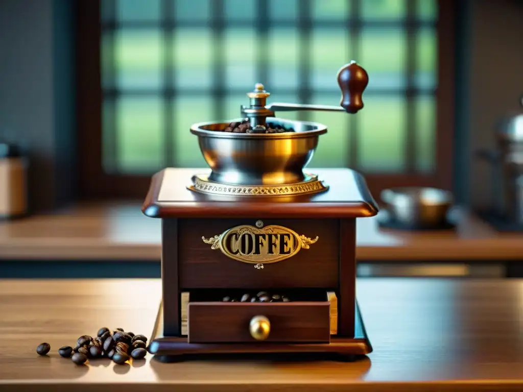 Detalles vívidos de un molinillo de café francés auténtico iluminado por luz natural