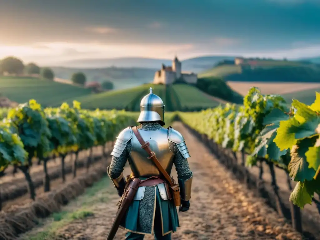 Devastador campo de batalla en Francia durante la Guerra de los Cien Años, con soldados y viñedos destruidos