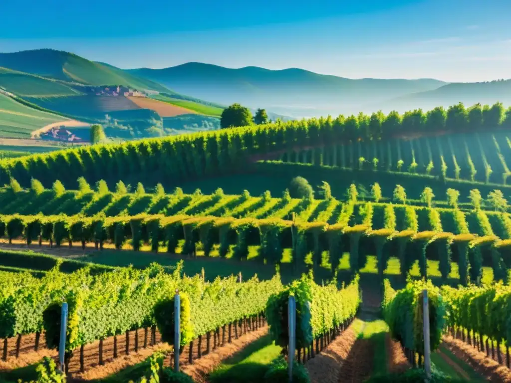 Un día soleado en la Ruta del Vino de Alsacia: viñedos verdes, trabajador cuidando las uvas y pintorescos pueblos