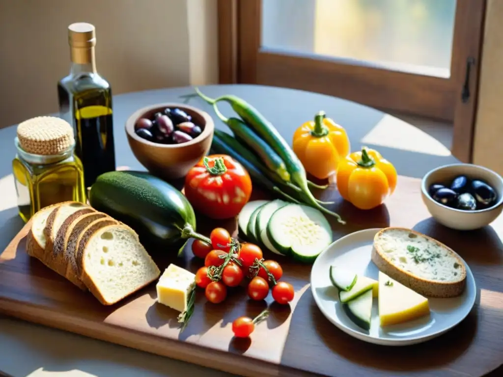 Una dieta mediterránea francesa en una mesa de madera rústica con vegetales frescos, quesos y vino tinto, bañada por luz cálida