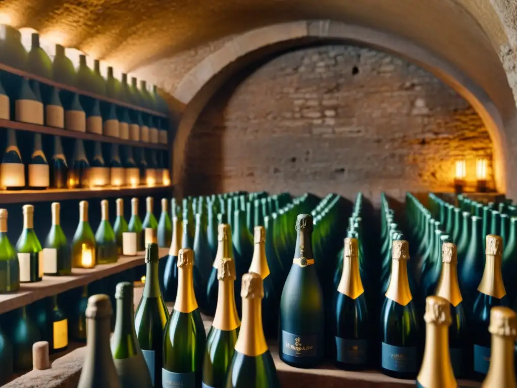 Diferencias entre Champagne y Cava: Artesanía y tradición en bodega francesa iluminada por velas