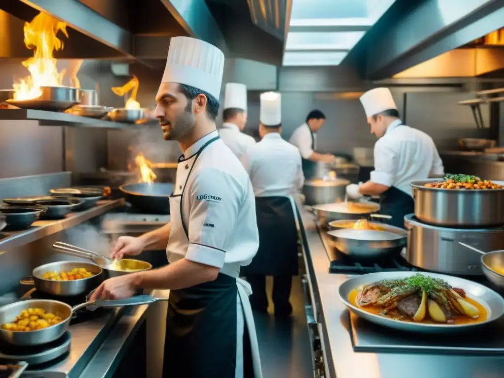 Dinámica cocina de restaurante francés durante servicio de cena, chefs preparan platos elaborados mientras camareros sirven a comensales ansiosos