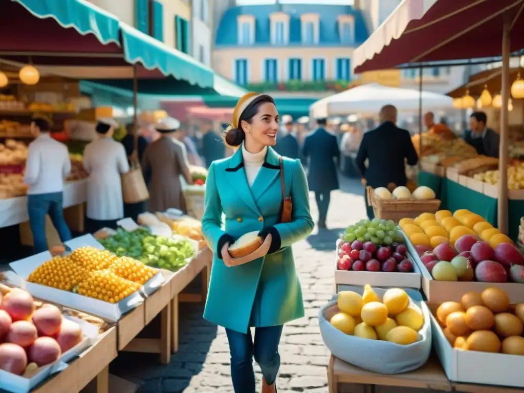 Fotografiando diversidad culinaria francesa en un bullicioso mercado al aire libre en París, con variedad de productos y arquitectura icónica