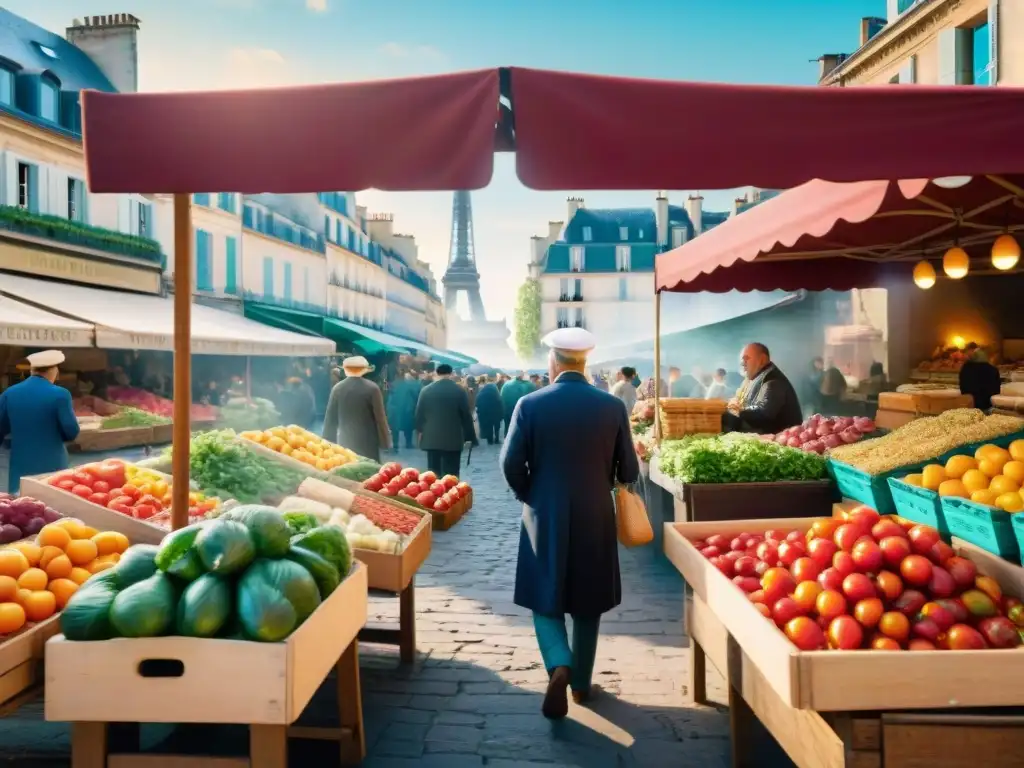 Fotografiando diversidad culinaria francesa en un bullicioso mercado de campesinos al amanecer, con productos frescos y coloridos