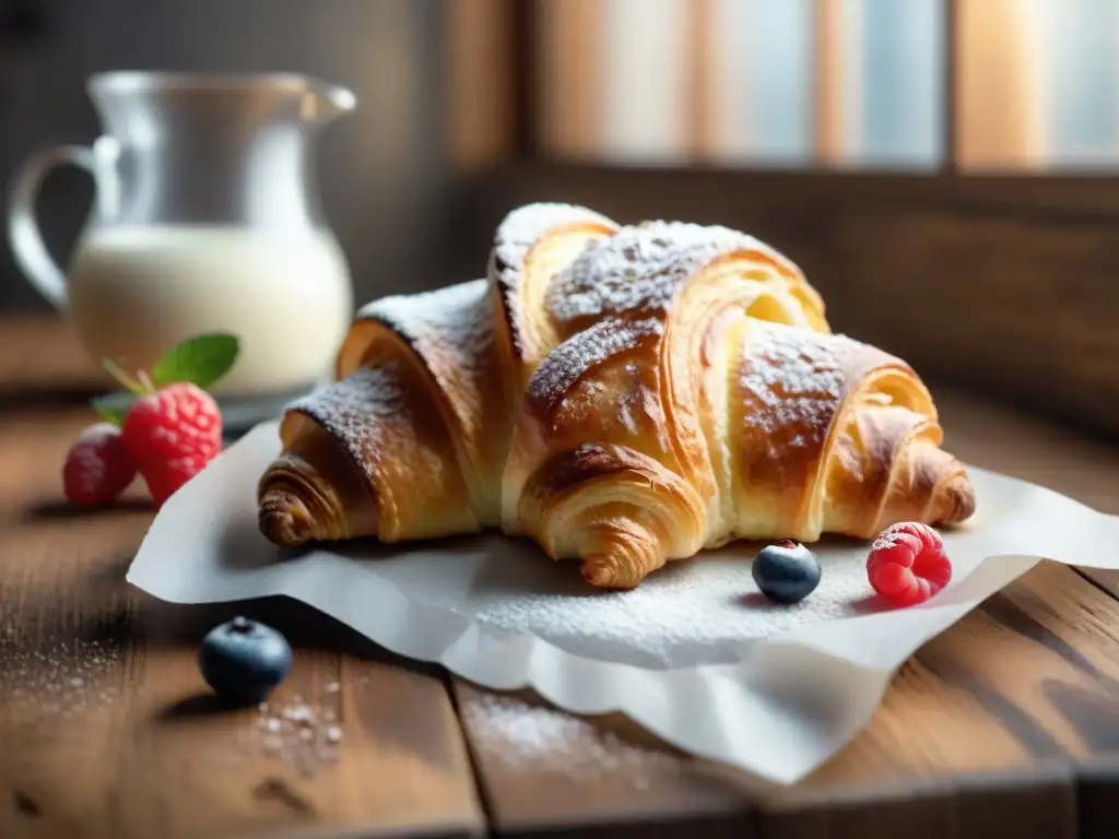 Fotografiando diversidad culinaria francesa: Croissant dorado y jugoso con bayas y crema batida sobre mesa rústica