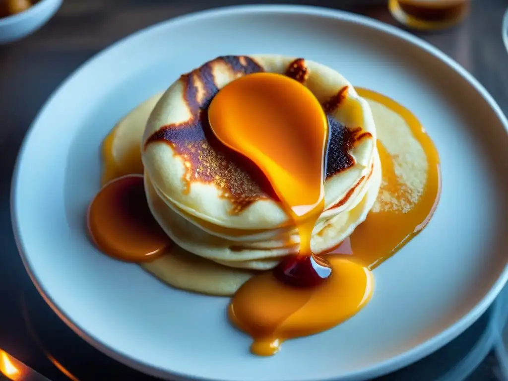 Fotografiando la diversidad culinaria francesa: Detalle de una crêpe suzette flameada con bordes caramelizados y salsa de Grand Marnier