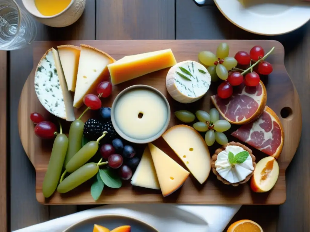 Fotografiando diversidad culinaria francesa: Una hermosa tabla de quesos, embutidos, frutas y pan artesanal en plato de madera rústico