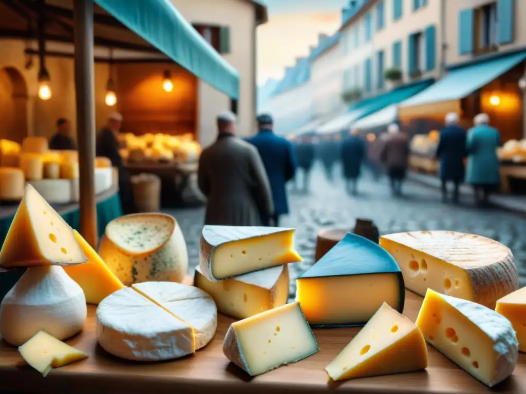 Descubriendo la diversidad gastronómica francesa en un animado mercado de quesos con una variedad de quesos artesanales