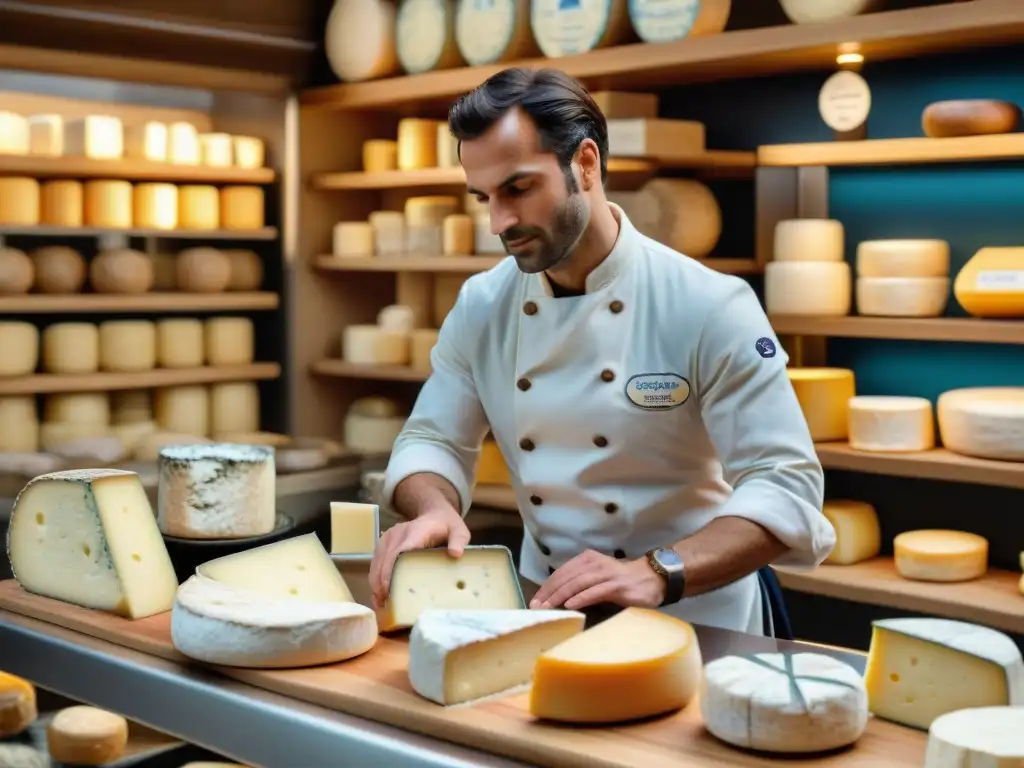 Descubriendo la diversidad gastronómica francesa en una bulliciosa fromagerie con una variedad de quesos auténticos