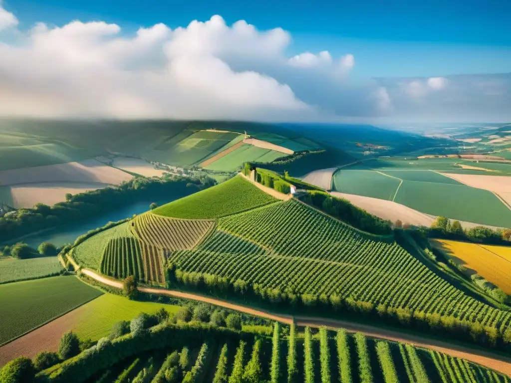 Los diversificados terroirs de Borgoña en una vista aérea impresionante, con tonos verdes y marrones que revelan su geografía