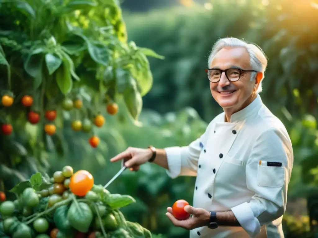 Alain Ducasse sonríe en un jardín diverso, enseñando preservación cocina francesa chefs