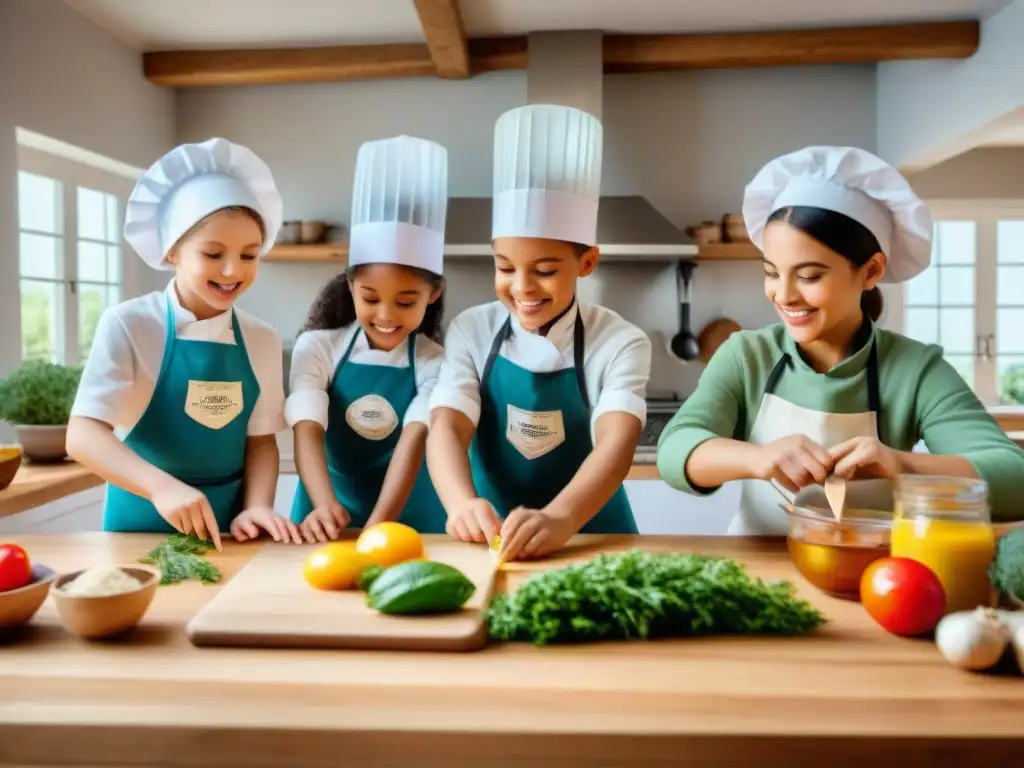 Un divertido curso de cocina francesa para niños en una cocina luminosa y colorida