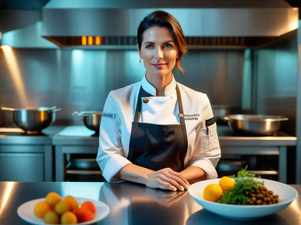 'Dominique Crenn en su cocina estrellada Michelin, creando innovaciones culinarias en gastronomía francesa'