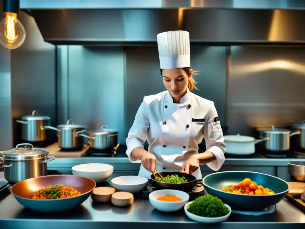 Dominique Crenn liderando equipo en cocina Michelin, unidos en armonía y creatividad culinaria