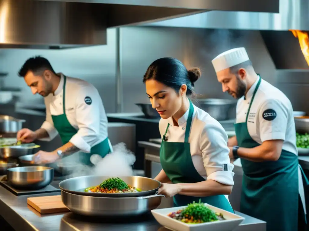 Dominique Crenn y su equipo crean innovaciones culinarias en gastronomía francesa, en un bullicioso y colorido escenario de cocina