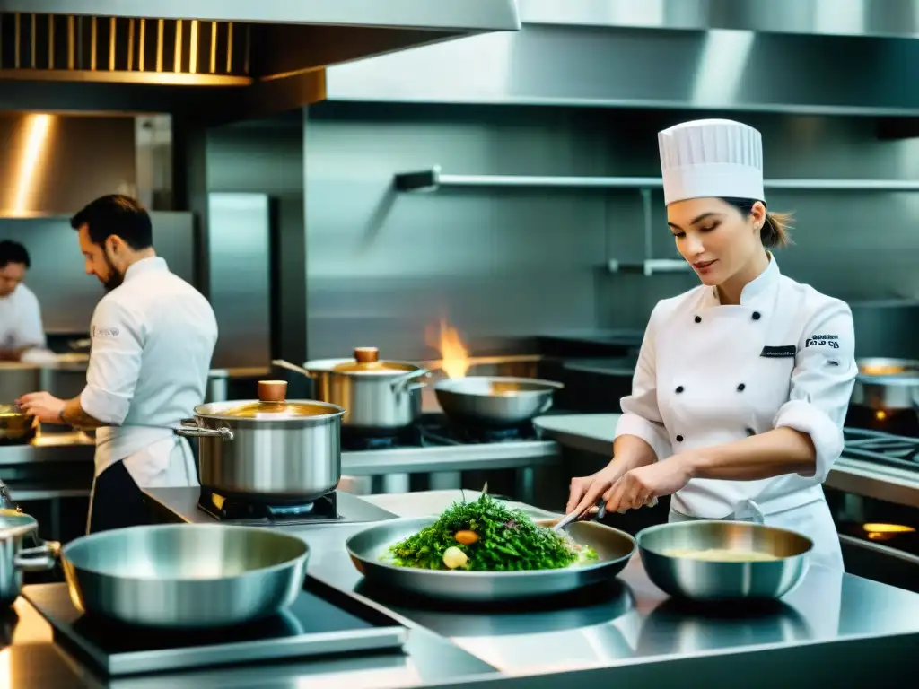 Dominique Crenn estrellas Michelin gastronomía: Chef Crenn y su equipo preparan plato innovador en cocina premiada y activa