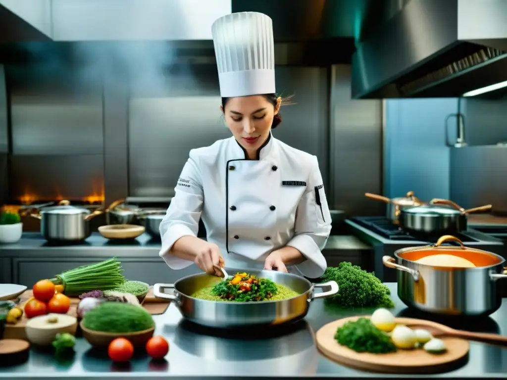 Dominique Crenn elaborando una obra maestra culinaria rodeada de ingredientes frescos y utensilios relucientes en su cocina con estrella Michelin