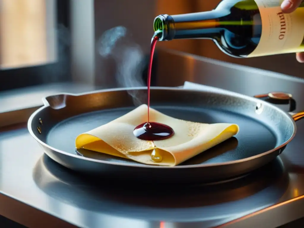 Crepe dorado en el aire con vino tinto francés listo, evocando recetas tradicionales gastronomía francesa