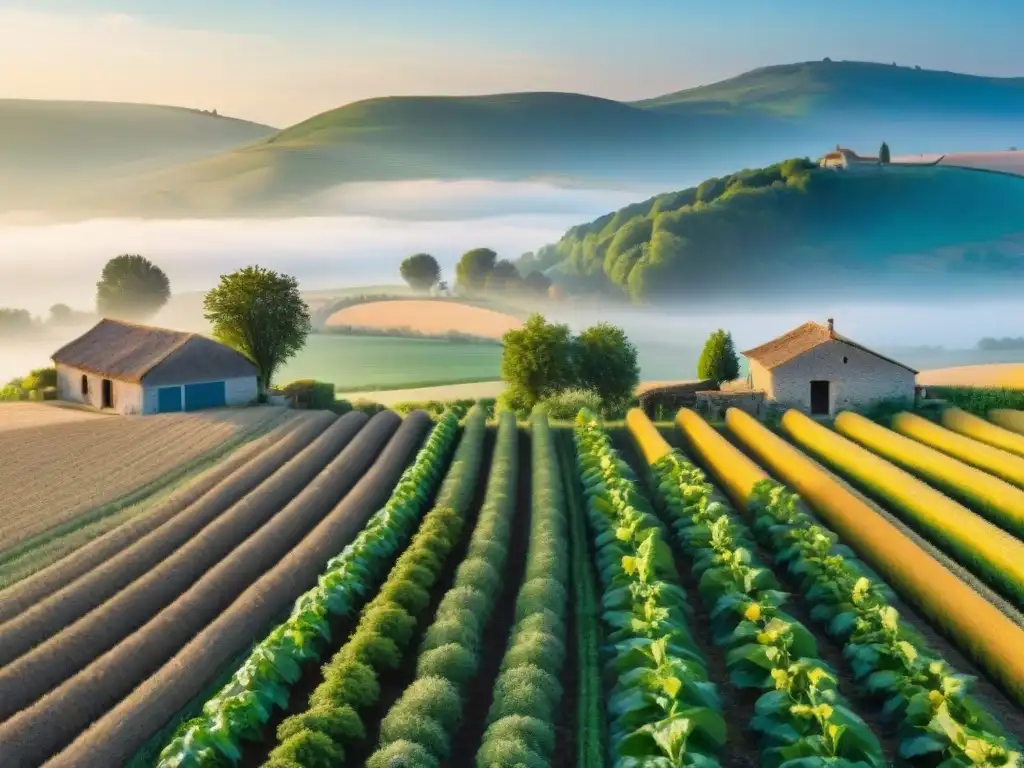 Amanecer dorado en granja de agroturismo sostenible en Francia, con agricultor y cultivos ordenados