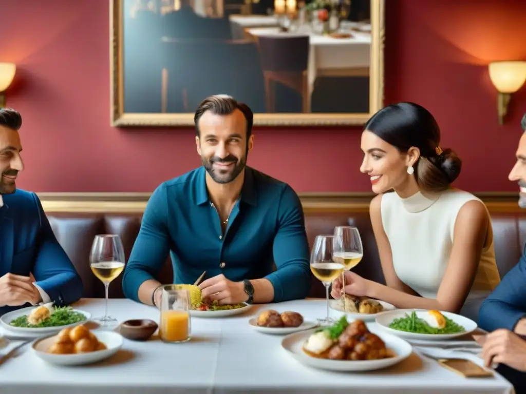 Dueño de restaurante francés colabora con influencers en mesa elegante, creando comunidad y conexiones en cálida atmósfera de marketing de influencia