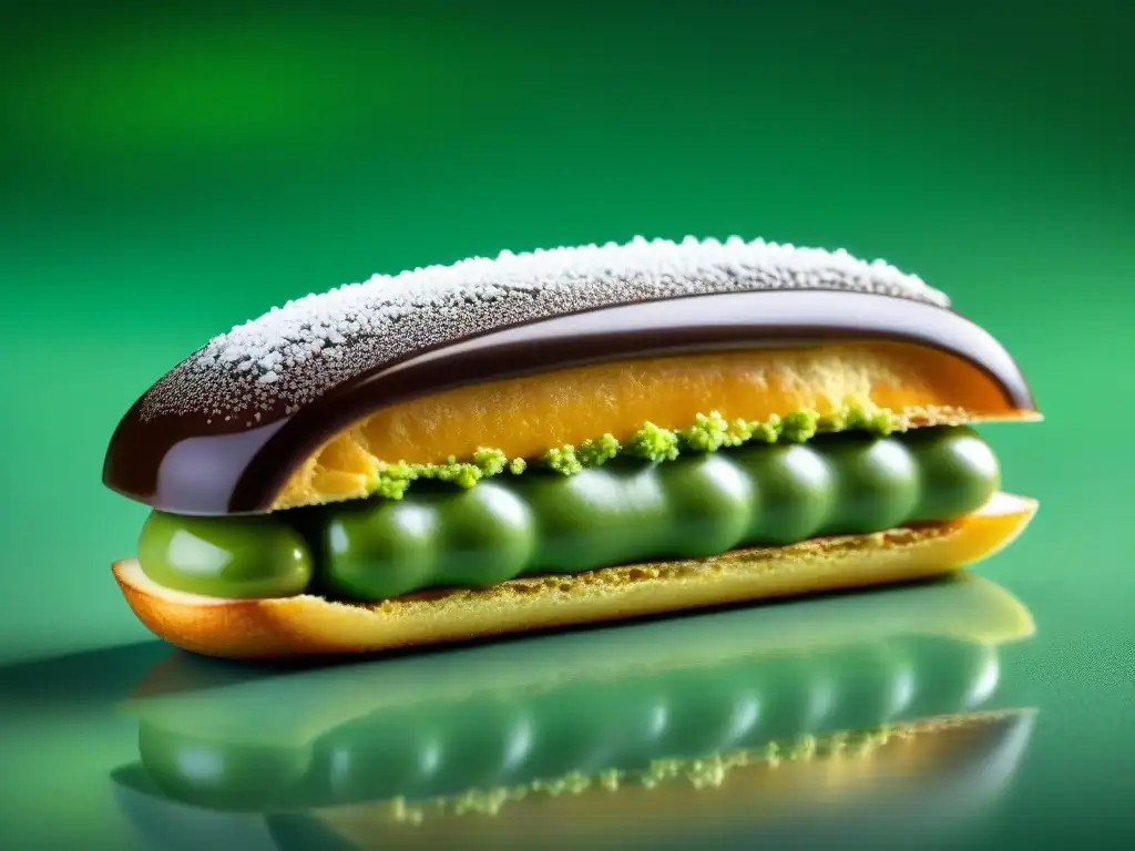 Un éclair de té verde matcha, chocolate brillante y oro comestible, en una pastelería francesa asiática innovadora