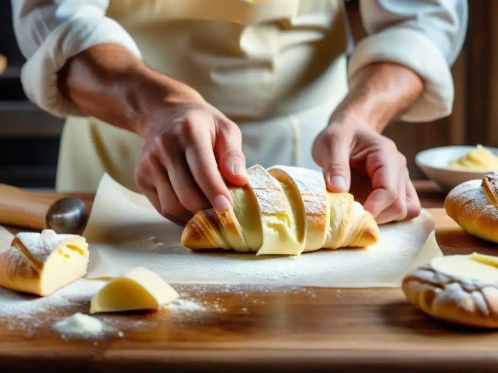 Maestro panadero elaborando croissants franceses con precisión Elaboración artesanal de croissants, manos expertas y precisas en la masa