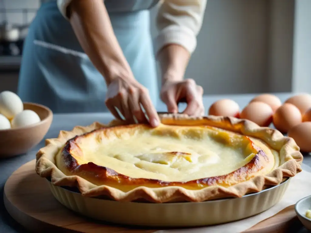 Elaboración artesanal de quiche Lorraine: masa, relleno y gratinado, platos típicos gastronomía francesa Lorraine