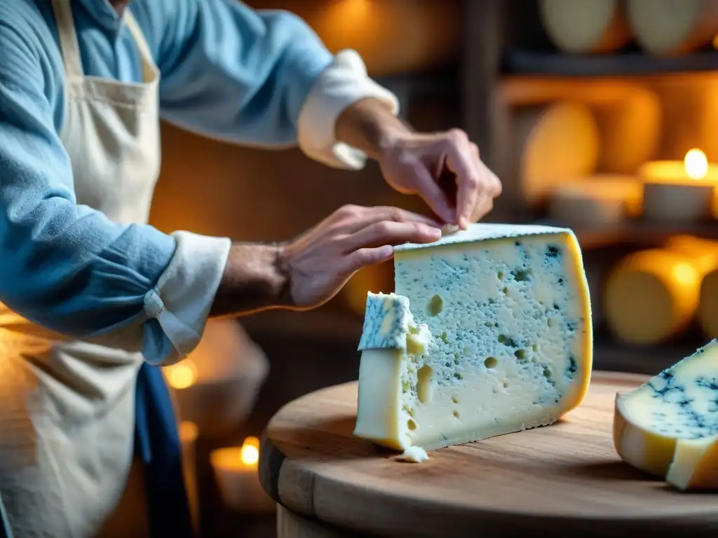 Elaboración artesanal de queso azul en Francia en antigua bodega iluminada por velas