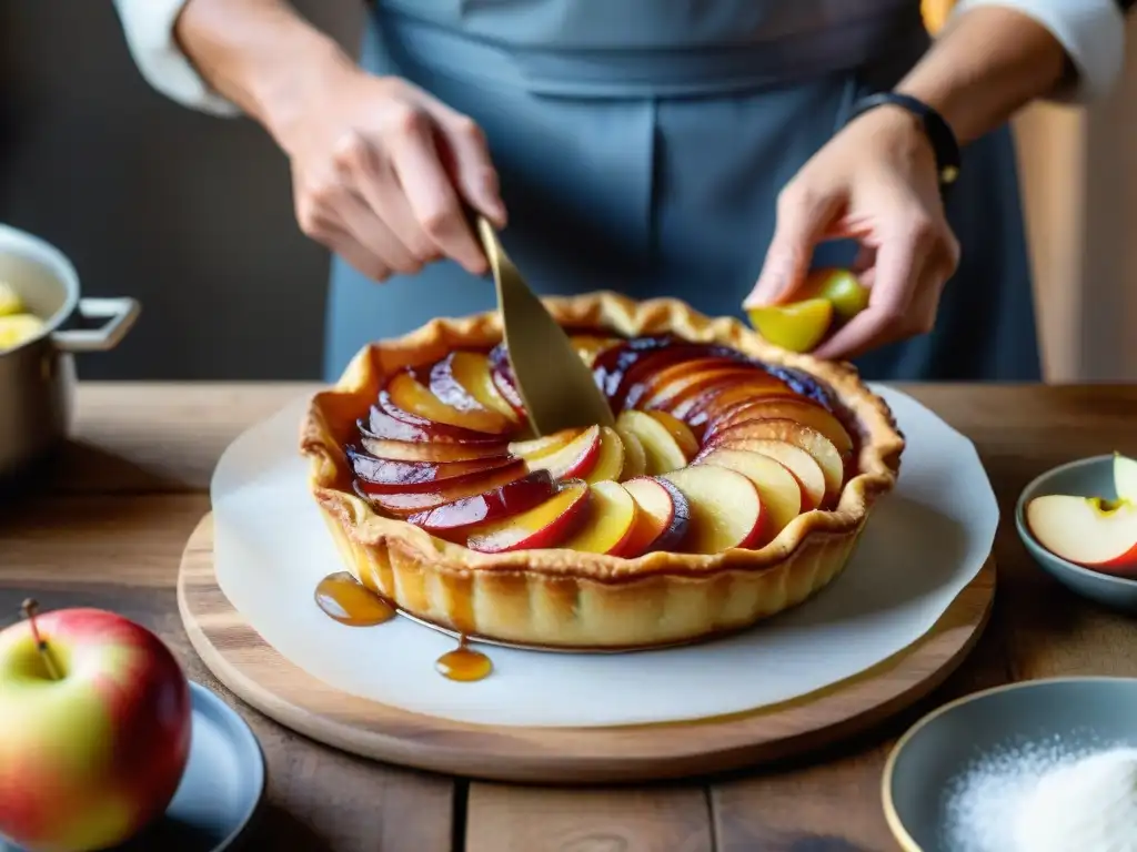 Elaboración detallada de una Tarte Tatin en cocina rústica