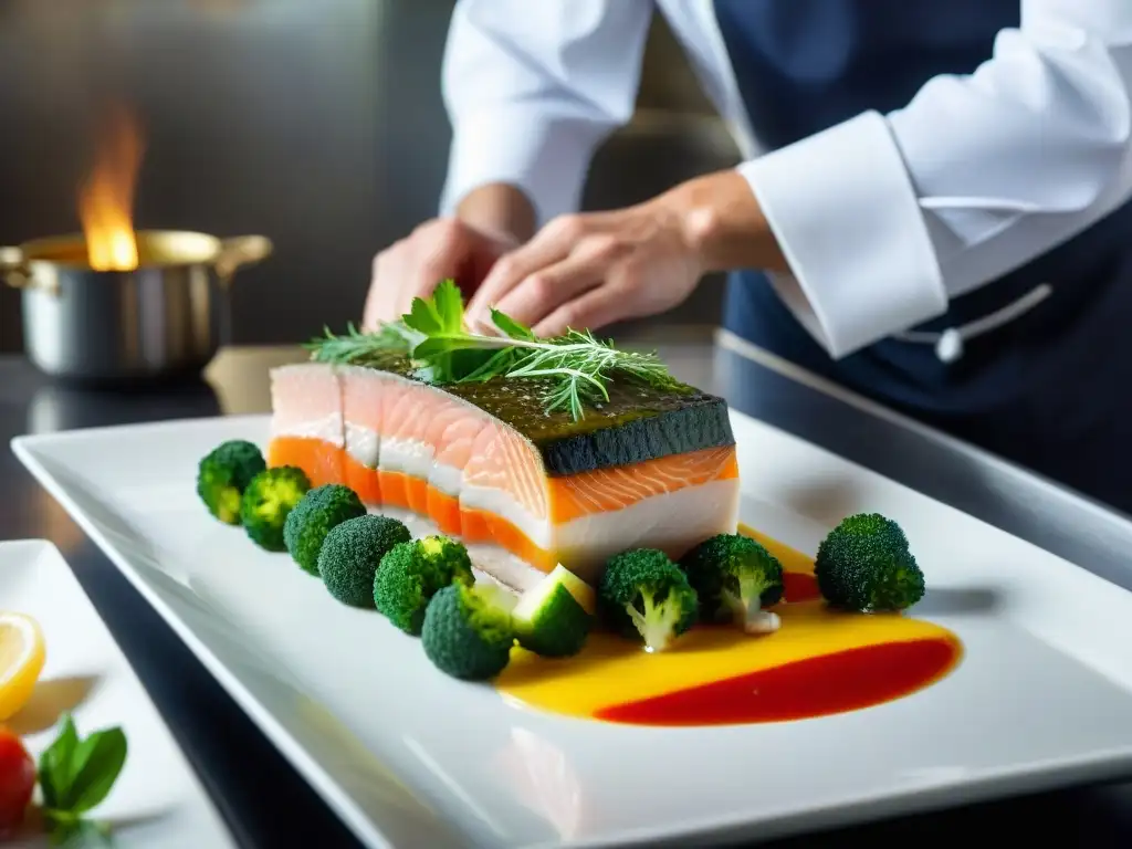 Elaboración detallada de una terrina de pescado francés con ingredientes frescos y coloridos