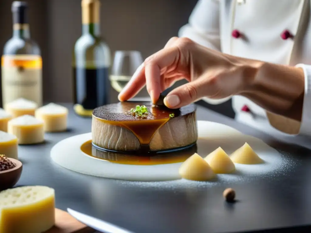 Elaboración del foie gras gourmet francés por un hábil chef en una cocina tradicional, mostrando el proceso meticuloso de desvenar el hígado de pato