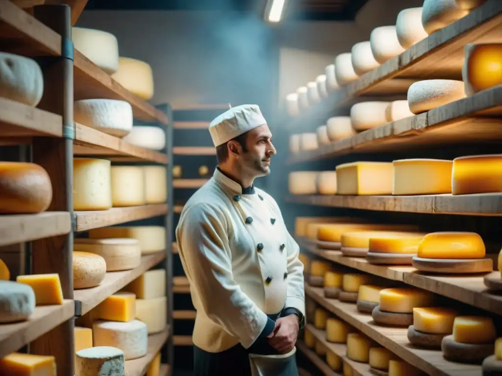 Elaboración quesera francesa moderna en una bodega de queso tradicional, resaltando la fusión de tradición e innovación