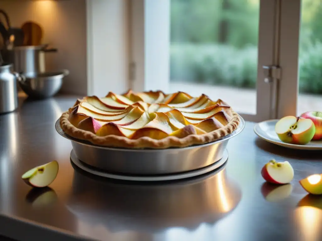 Elaboración de receta tradicional pastel manzana normando en cocina rústica francesa