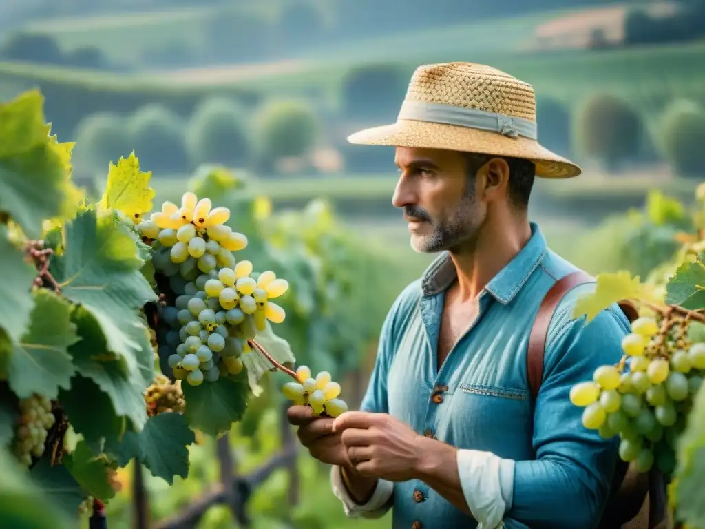 Innovación en la elaboración de vinos blancos franceses: viticultor inspeccionando uvas Chardonnay en viñedo de Borgoña al amanecer