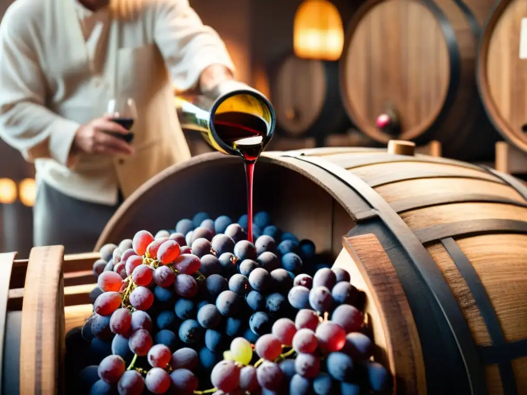 Elaborada mezcla de variedades de uva para vinos tintos franceses en bodega tradicional