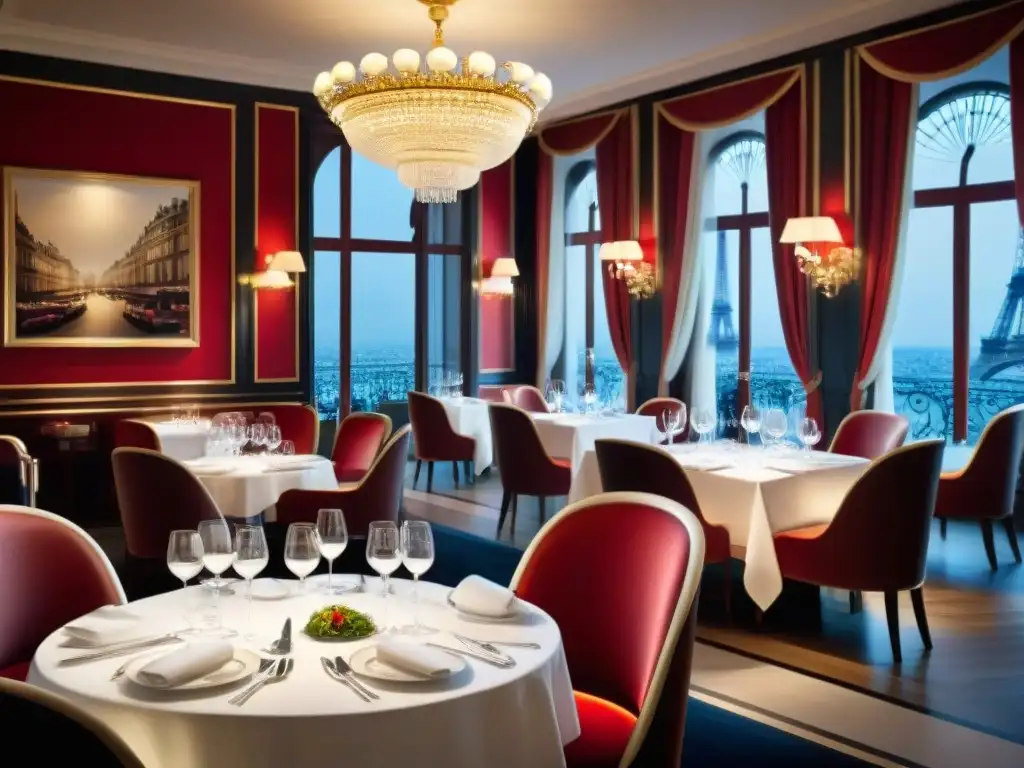 La elegancia de un restaurante con Estrella Michelin en París: mesa finamente puesta, lujo y sofisticación