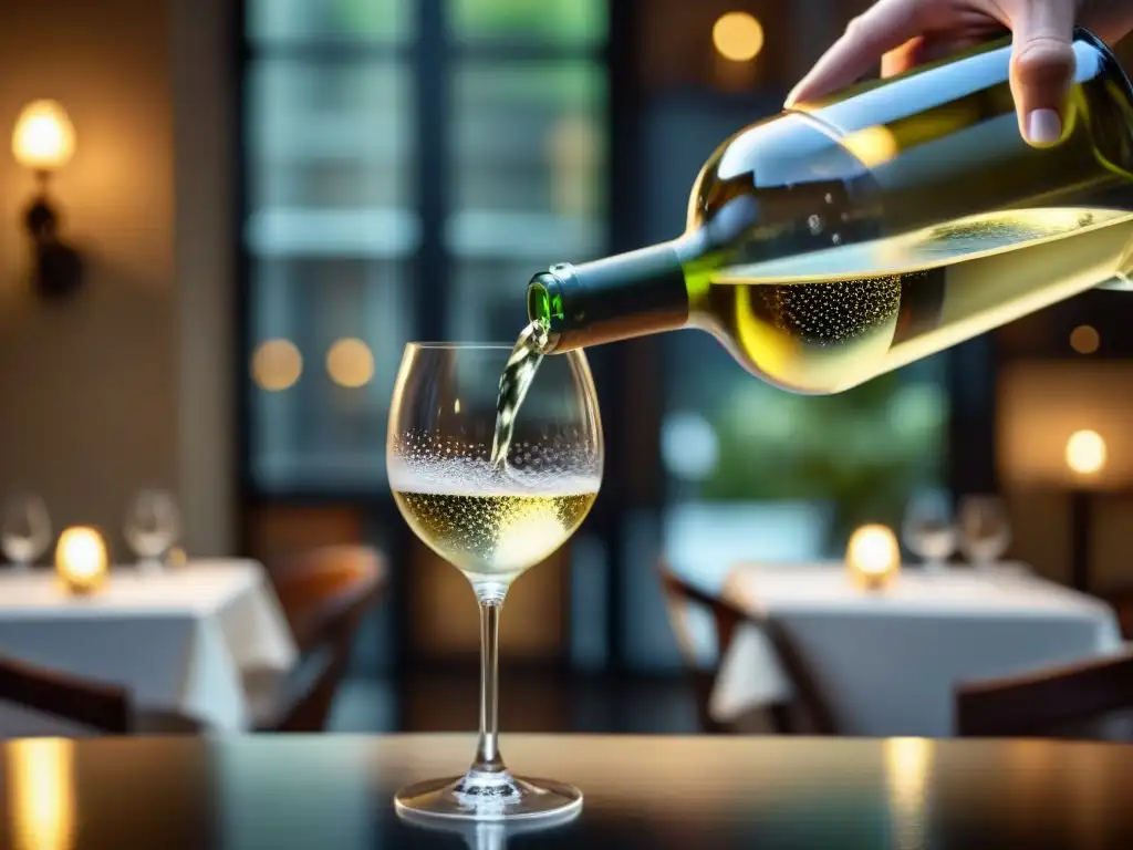 Elegancia en Francia: Un sommelier vierte vinos blancos con destreza en un entorno refinado y cálido