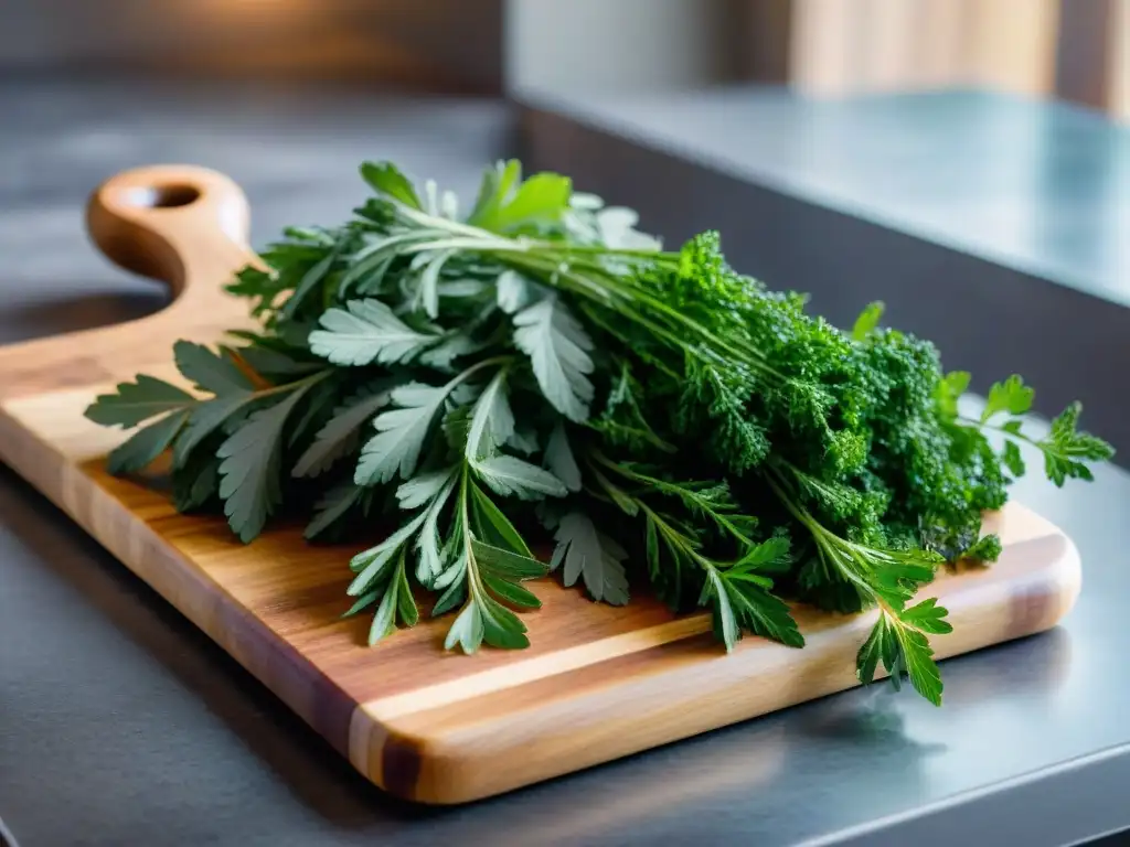 Un elegante arreglo de especias frescas francesas para cocina en tabla de cortar de madera